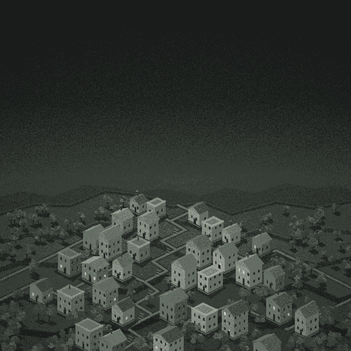 A terraced voxel village among blocky trees and winding paths, beneath an open dusk sky, in grainy green-gray tones.